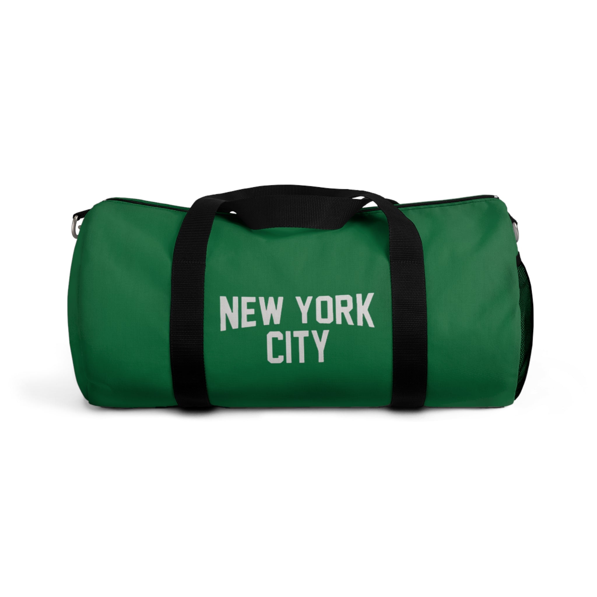 Green duffel bag with 'New York City' text on a white background