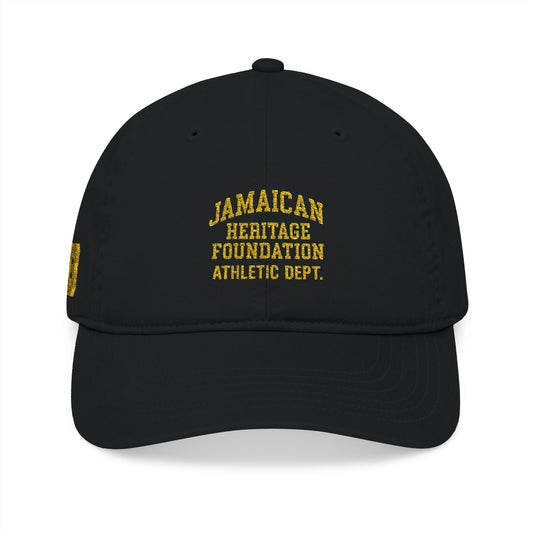 Black cap with yellow text 'Jamaican Heritage Foundation Athletic Dept.' on a white background