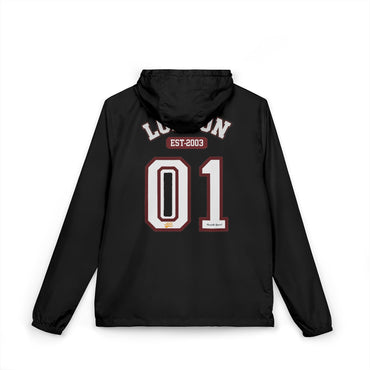 Black jacket with text and numbers on the back against a white background
