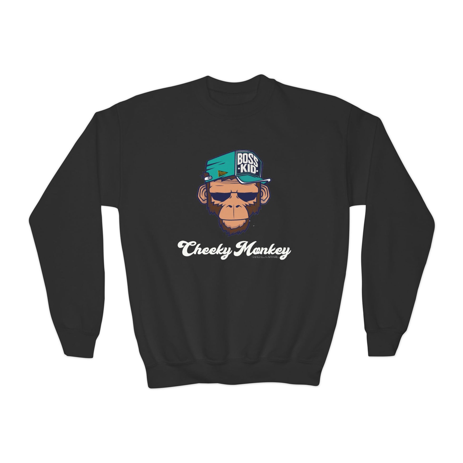 Black sweatshirt with a monkey graphic and text on a white background