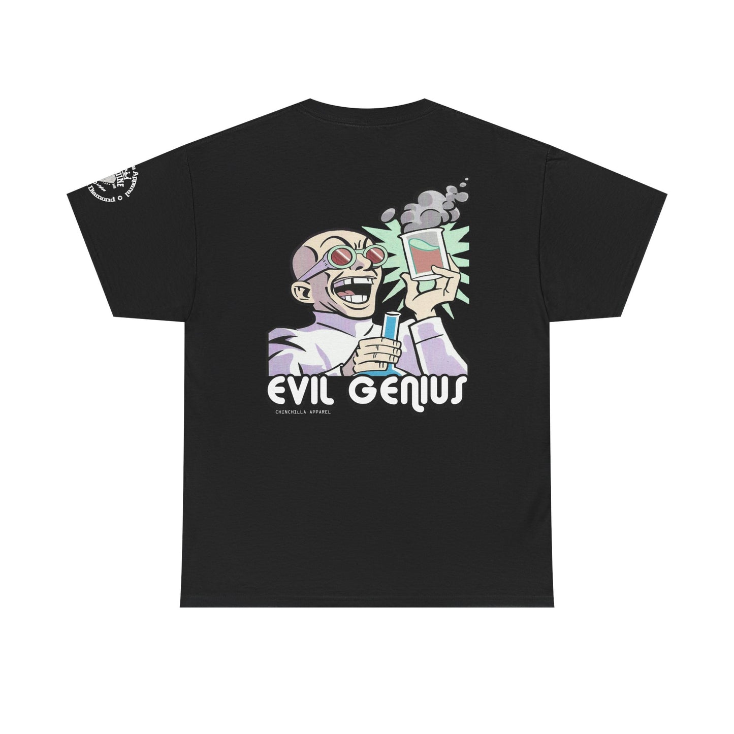 Black t-shirt with 'Evil Genius' graphic design on a white background