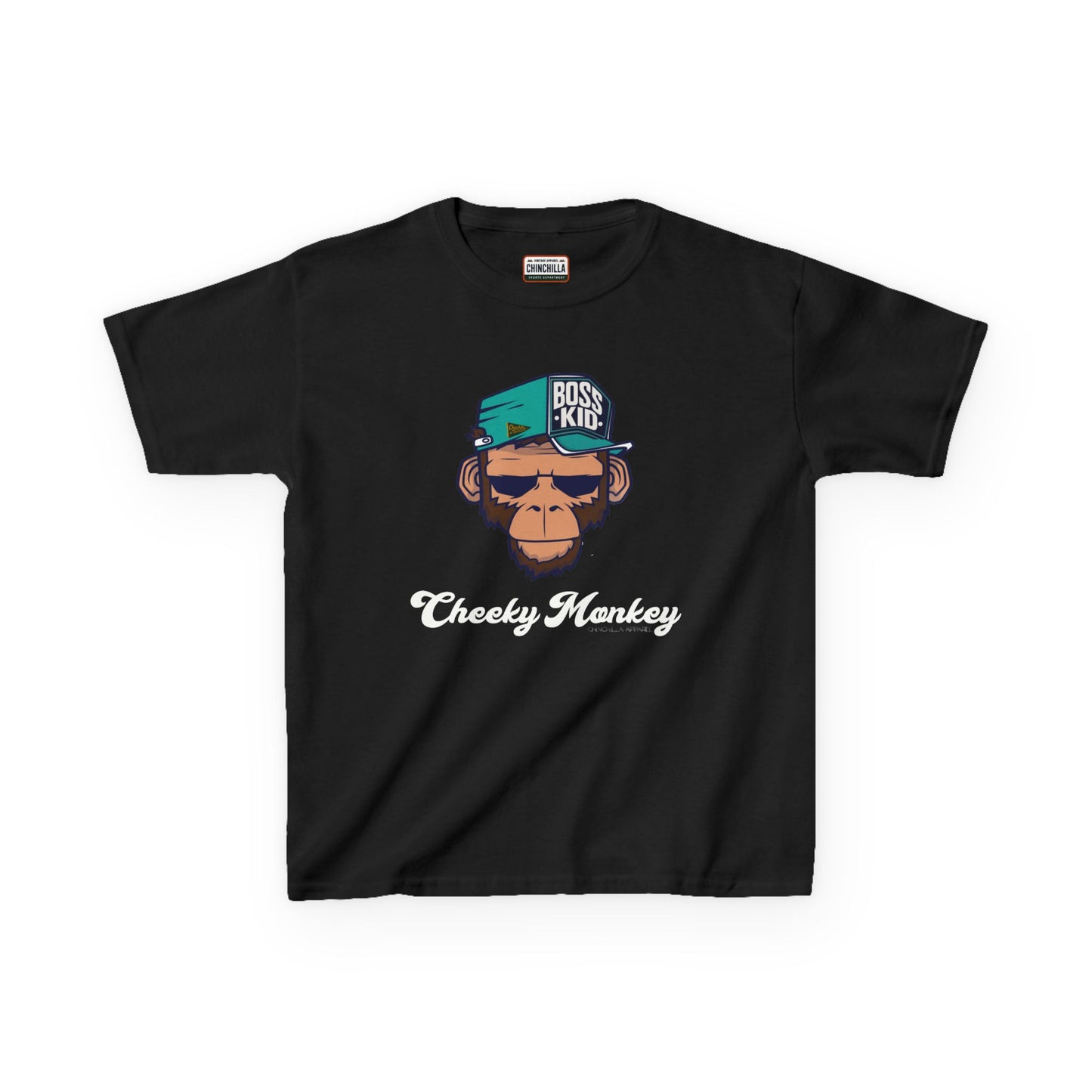 Black t-shirt with a monkey graphic and 'Cheeky Monkey' text on a white background