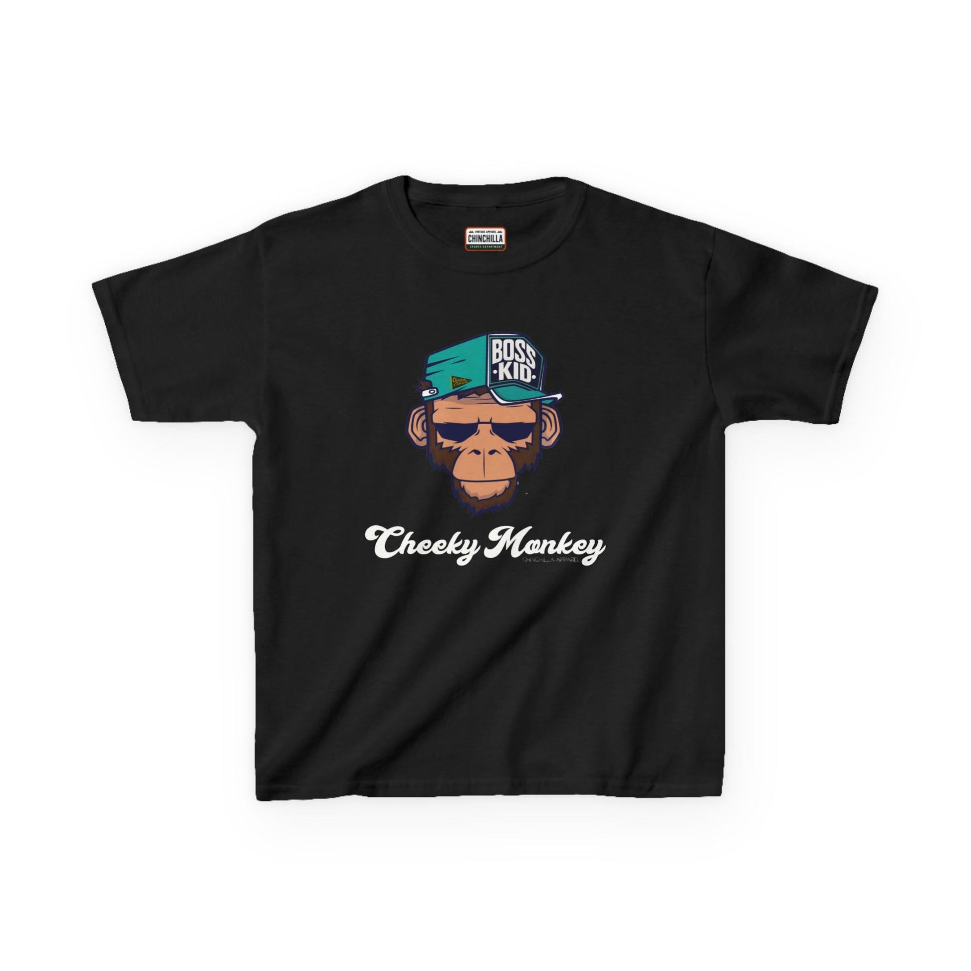Black t-shirt with a monkey graphic and 'Cheeky Monkey' text on a white background