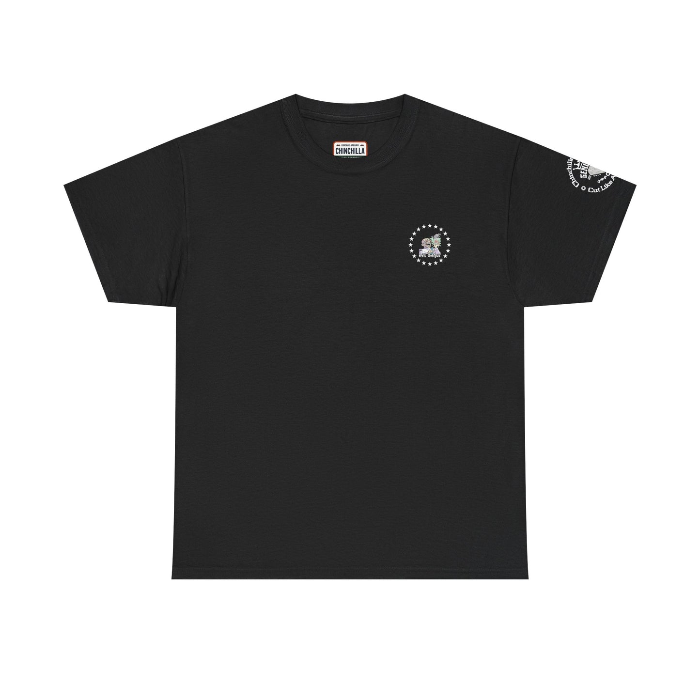 Black t-shirt with a small logo on the chest and a larger logo on the sleeve against a white background.