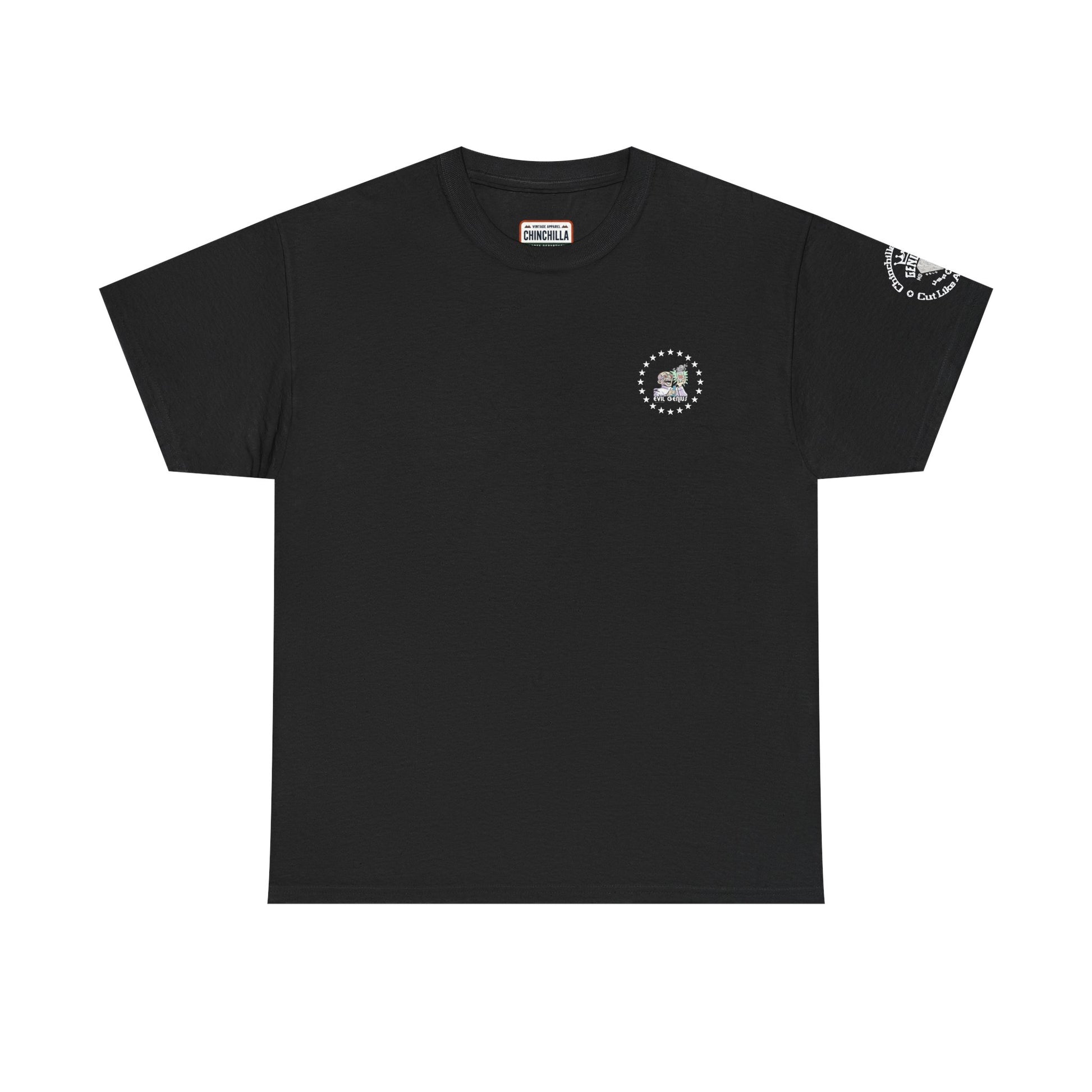 Black t-shirt with a small logo on the chest and a larger logo on the sleeve against a white background.