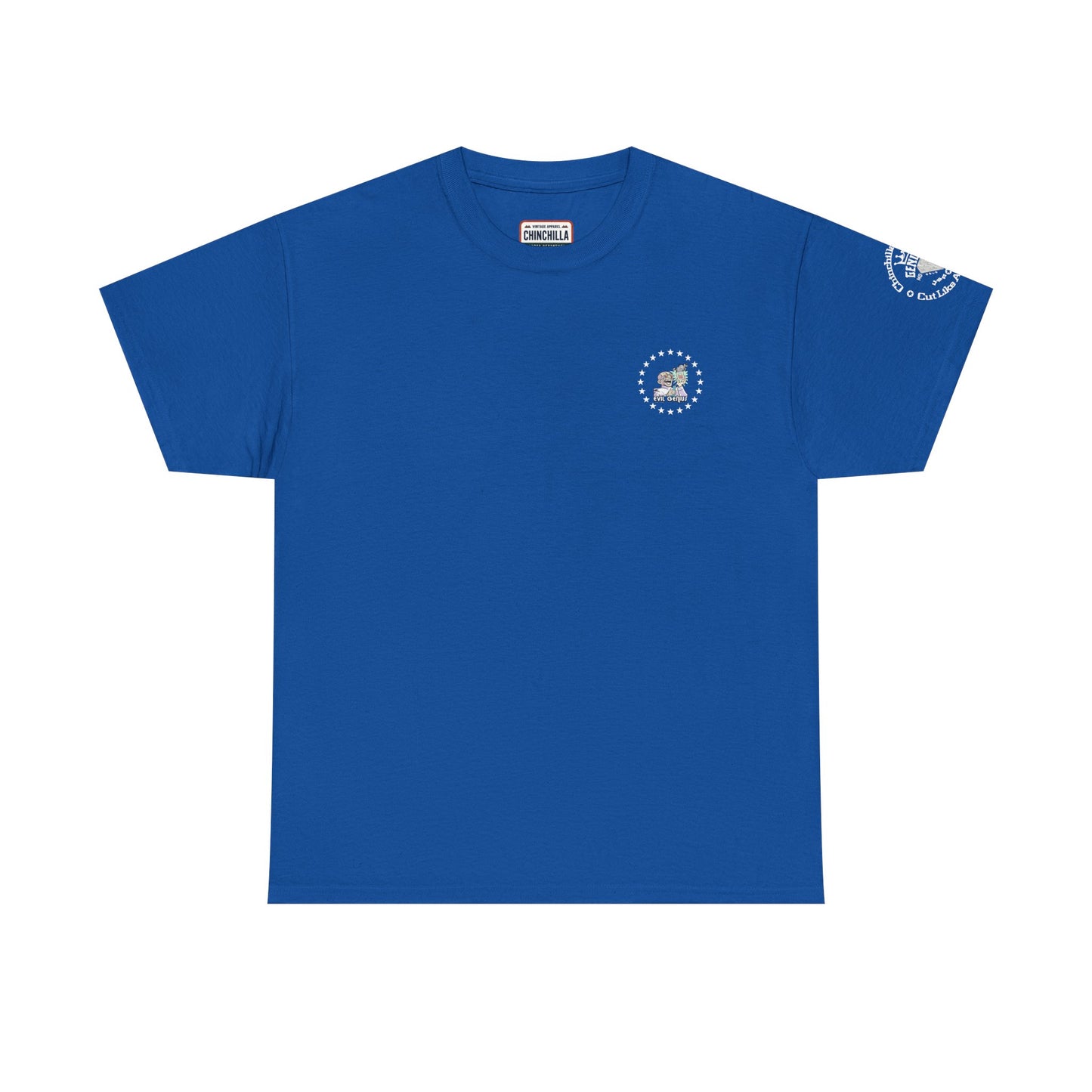 Blue t-shirt with a small logo on a white background