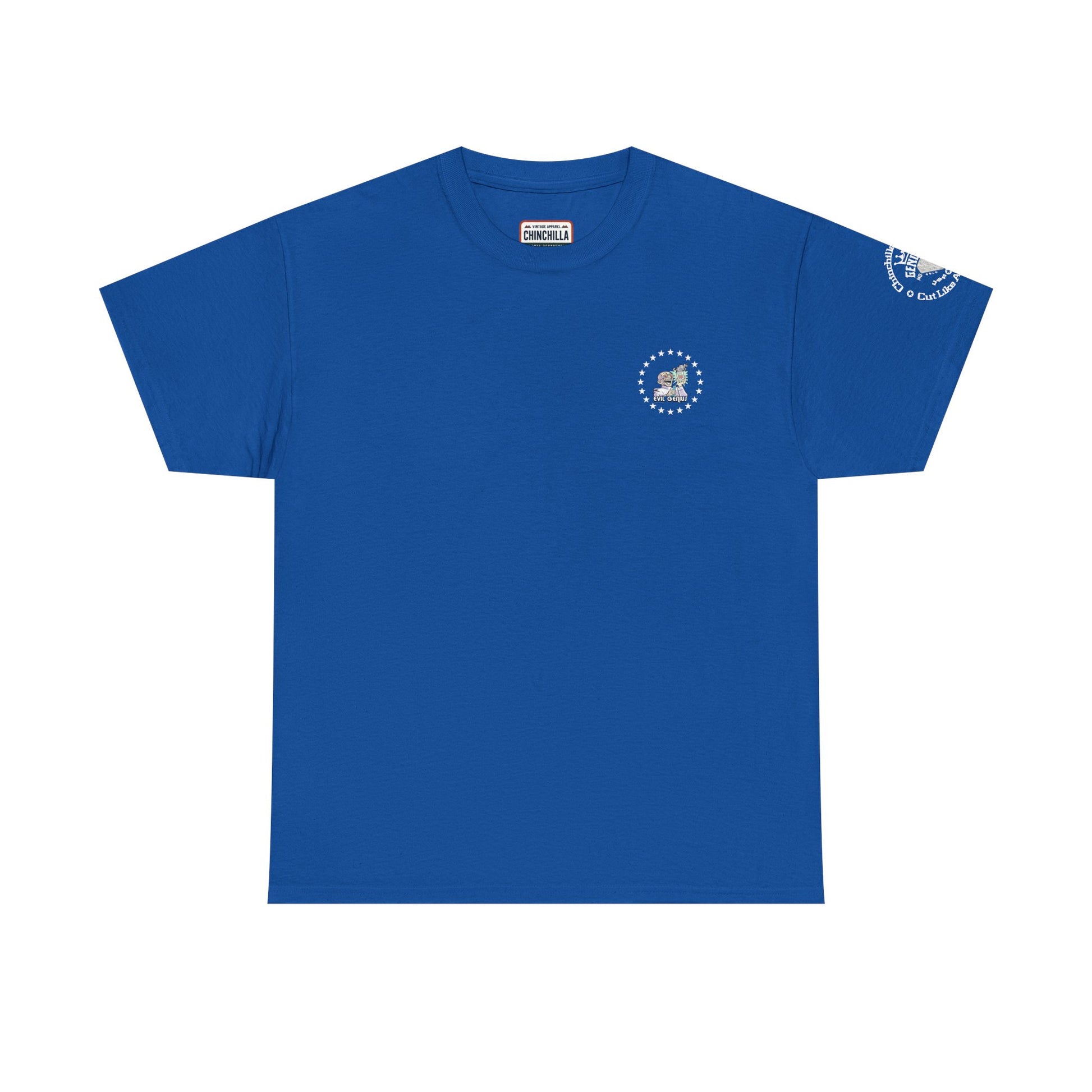 Blue t-shirt with a small logo on a white background