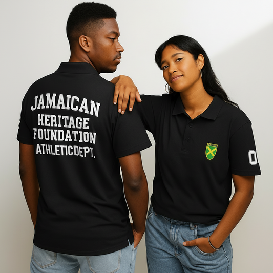 Two people wearing black polos with text and logos on a plain background