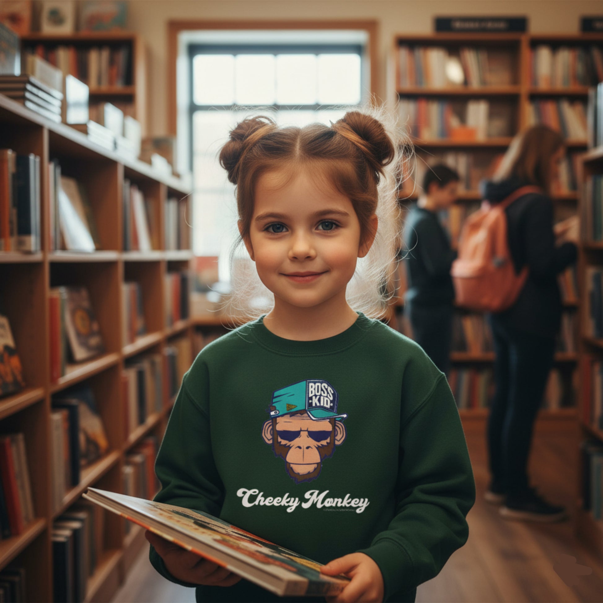 Child holding a book in a library setting