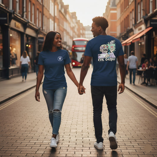 Two people walking hand in hand on a city street, both wearing blue t-shirts.