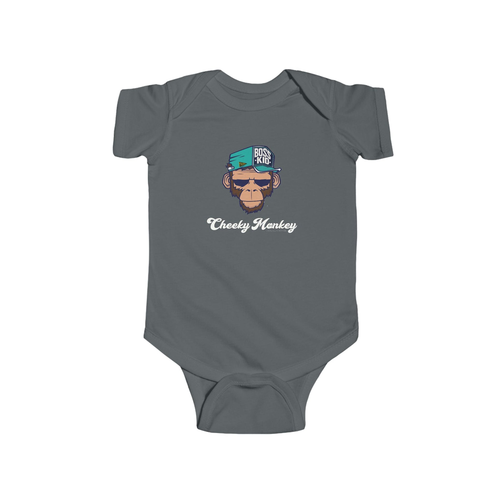 Gray baby onesie with a monkey graphic and text on a white background