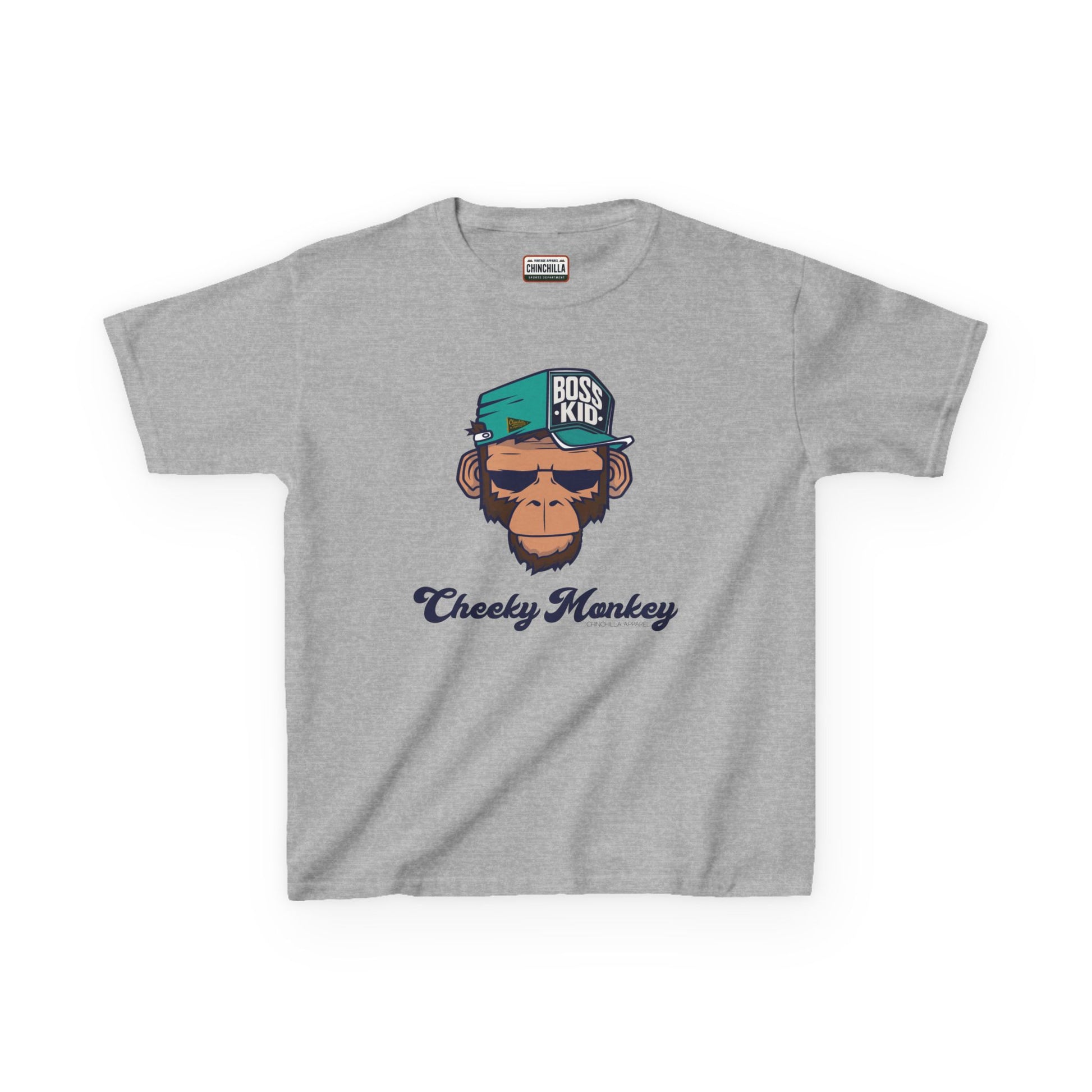 Gray t-shirt with a monkey graphic and text on a white background