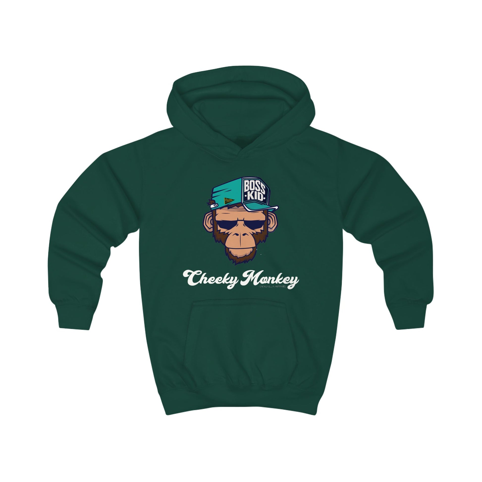 Green hoodie with monkey graphic and text on a white background