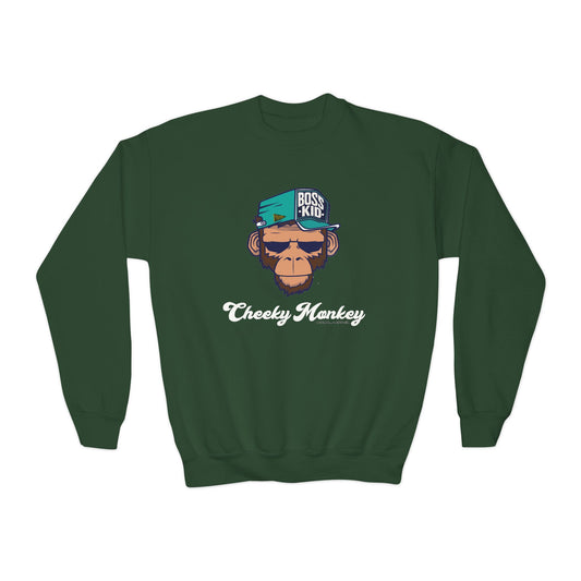 Green sweatshirt with monkey graphic and 'Cheeky Monkey' text on a white background