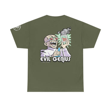 Green t-shirt with 'Evil Genius' graphic on a white background