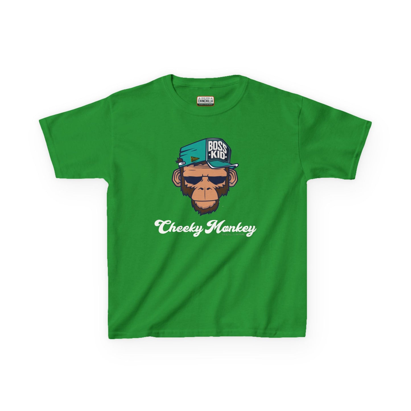 Green t-shirt with monkey graphic and text on a white background