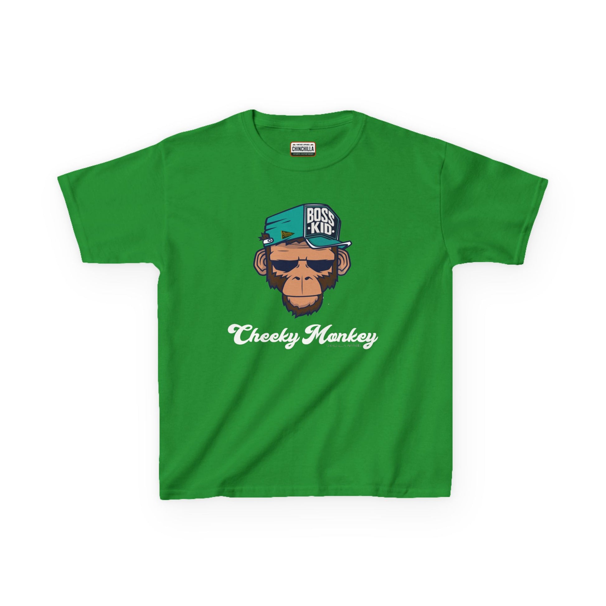 Green t-shirt with monkey graphic and text on a white background