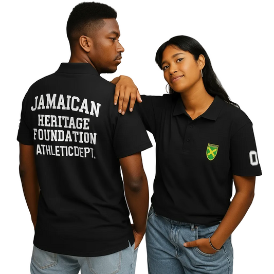 Two people wearing black polos with text and logos on a plain background