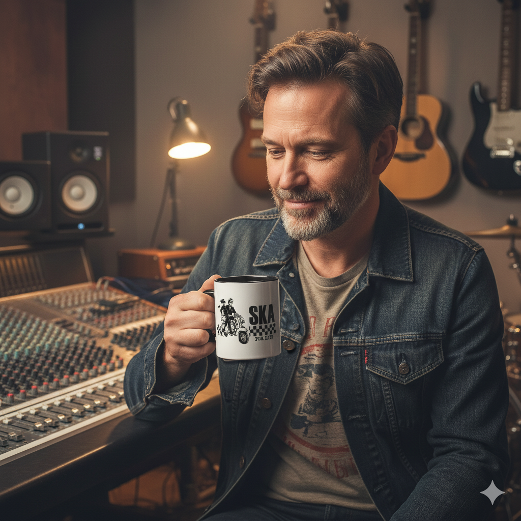 Man holding a mug with 'Ska' design in a music studio