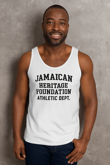 Man wearing a white tank top with 'Jamaican Heritage Foundation Athletic Dept.' text against a gray background