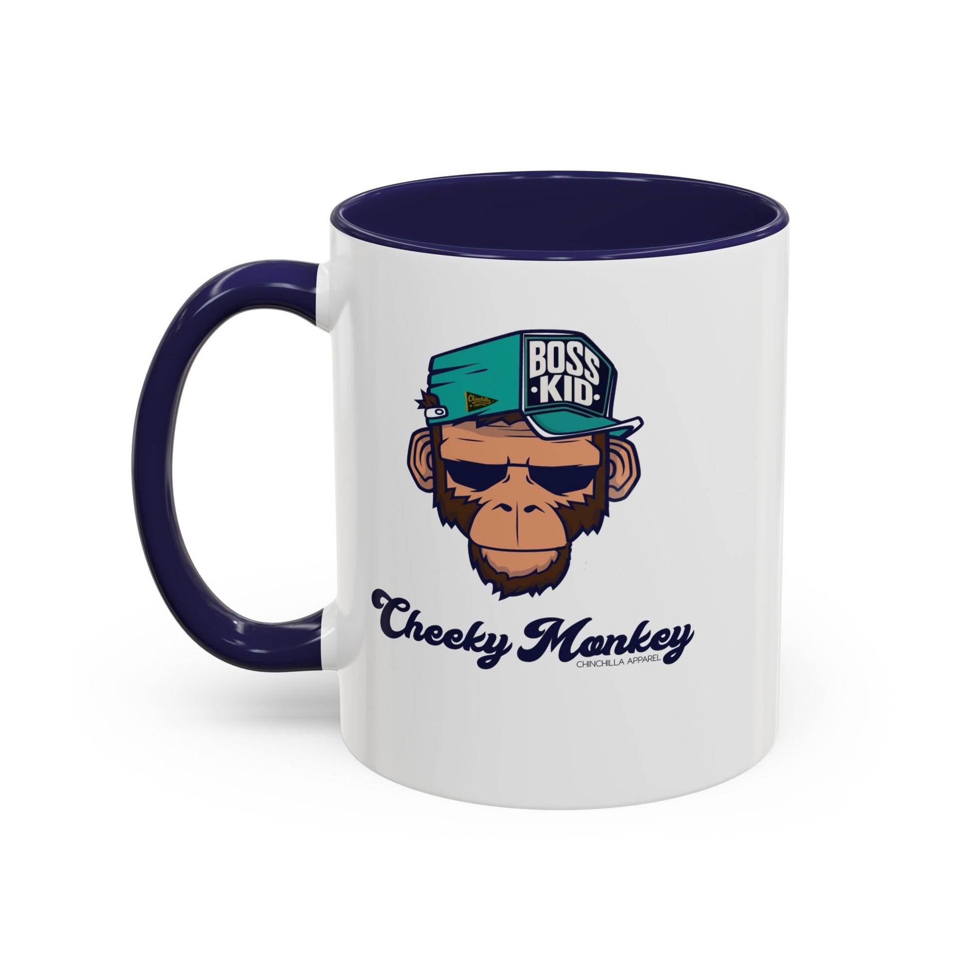 Mug with monkey graphic and text 'Boss Kid Cheeky Monkey' on a white background