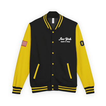Black and yellow varsity jacket with 'New York Track & Field' text on a white background