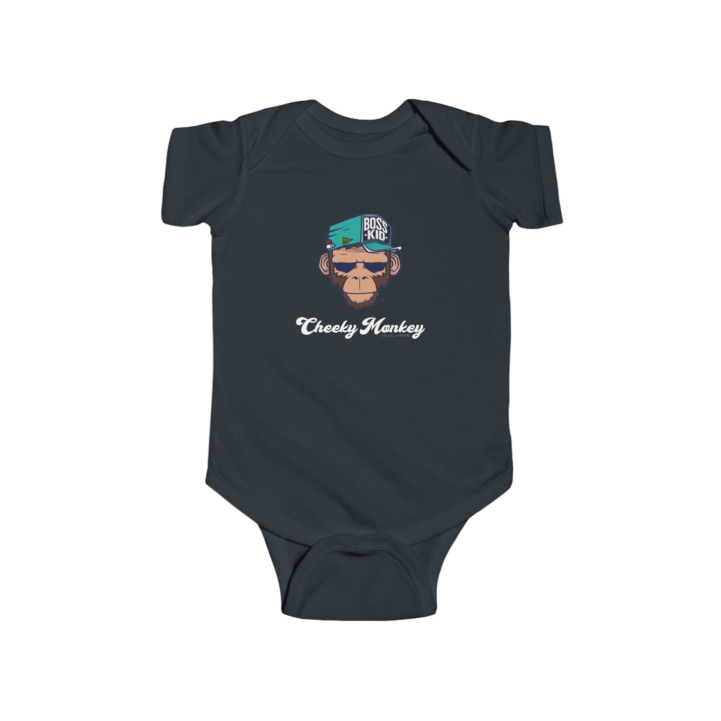 Navy blue baby onesie with monkey graphic and text on a white background