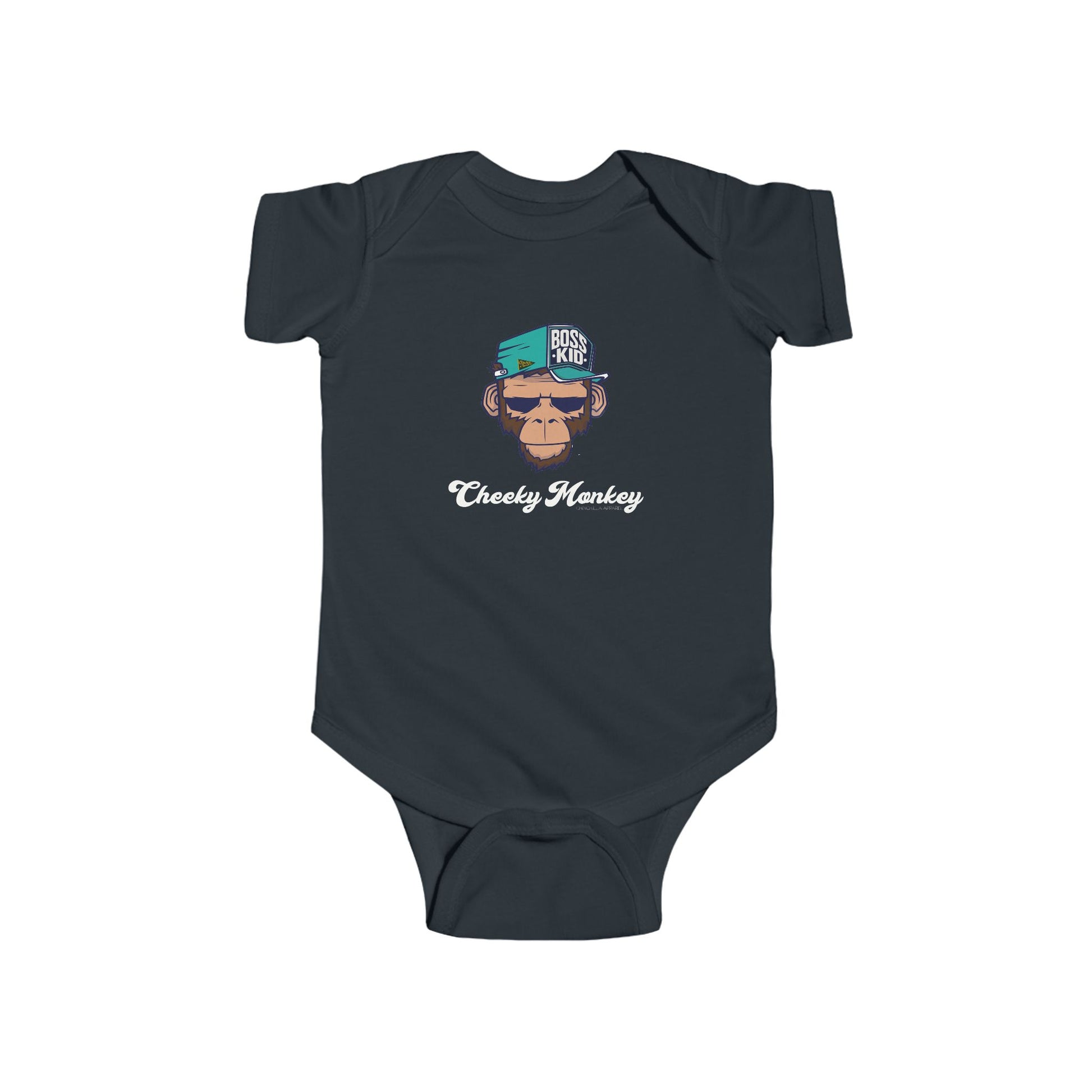 Navy blue baby onesie with monkey graphic and text on a white background