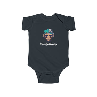 Navy blue baby onesie with monkey graphic and text on a white background
