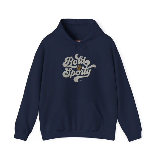 Navy blue hoodie with 'Bold & Sporty' text on a white background
