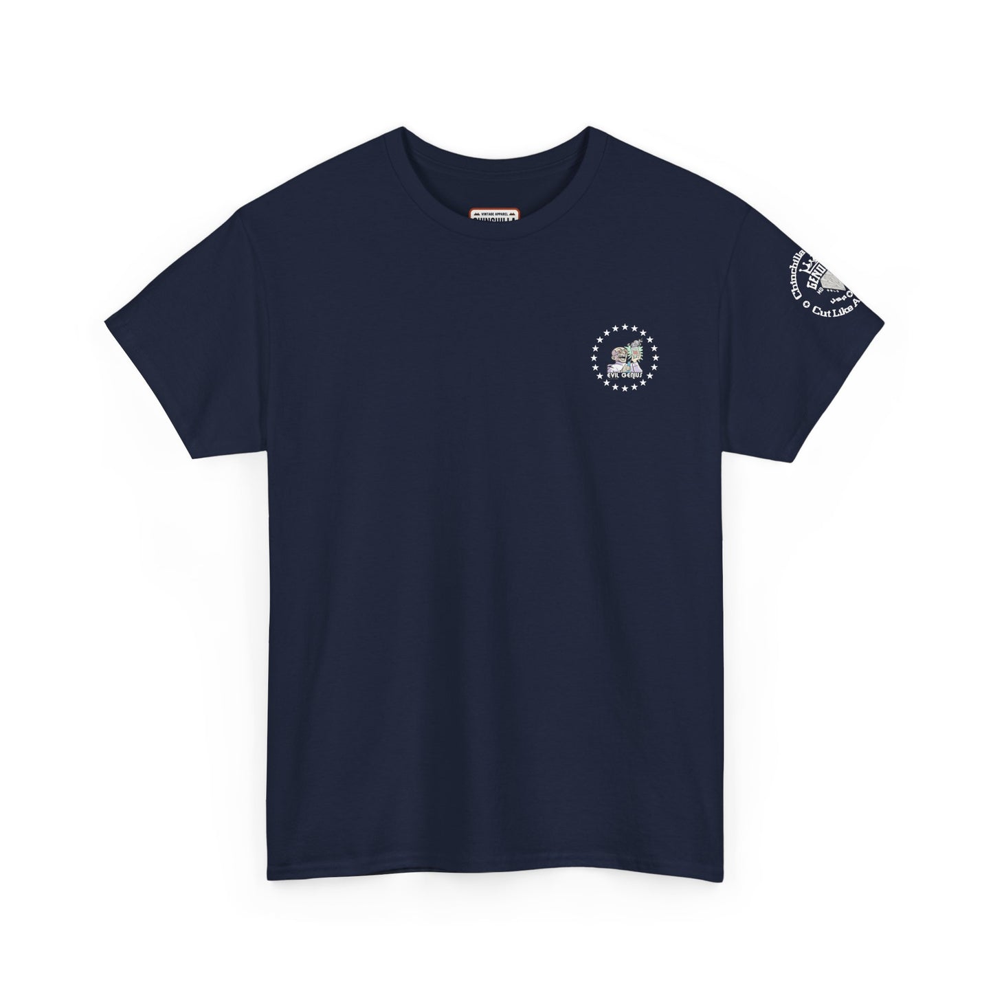 Navy blue t-shirt with a logo on the chest and another on the sleeve against a white background