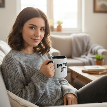 Woman holding a mug with 'New York City' text in a cozy living room.