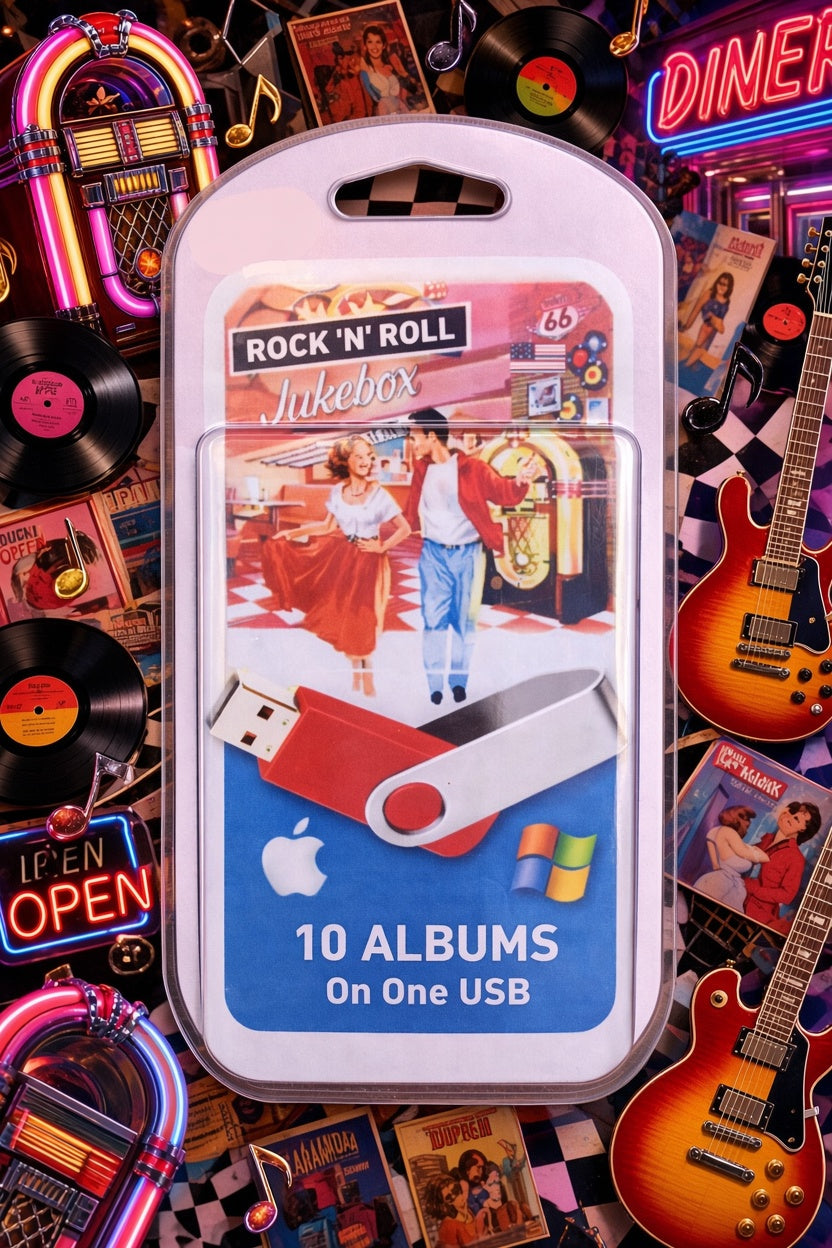 A packaged USB flash drive labeled 'Rock 'n Roll Jukebox' with an illustration of a couple and text reading '10 Albums On One USB.' The package is centered over a collage background filled with vinyl records, guitars, neon signs, and music-themed decor.