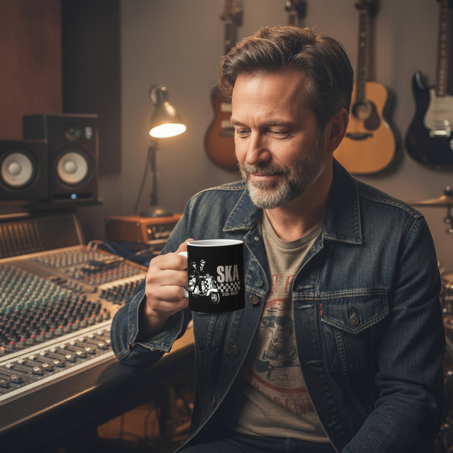 Man holding a mug with 'Ska' design in a music studio setting