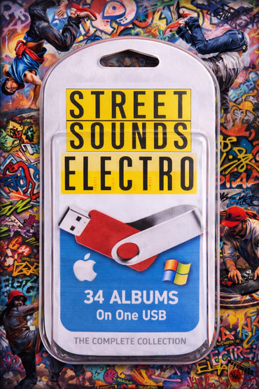 USB drive packaging with 'Street Sounds Electro' branding on a colorful graffiti background
