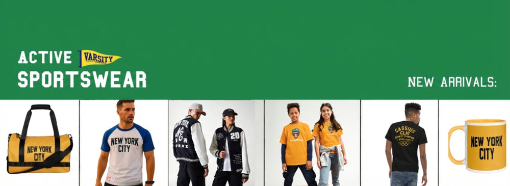 Varsity Sportswear advertisement with people wearing various outfits and promotional text.