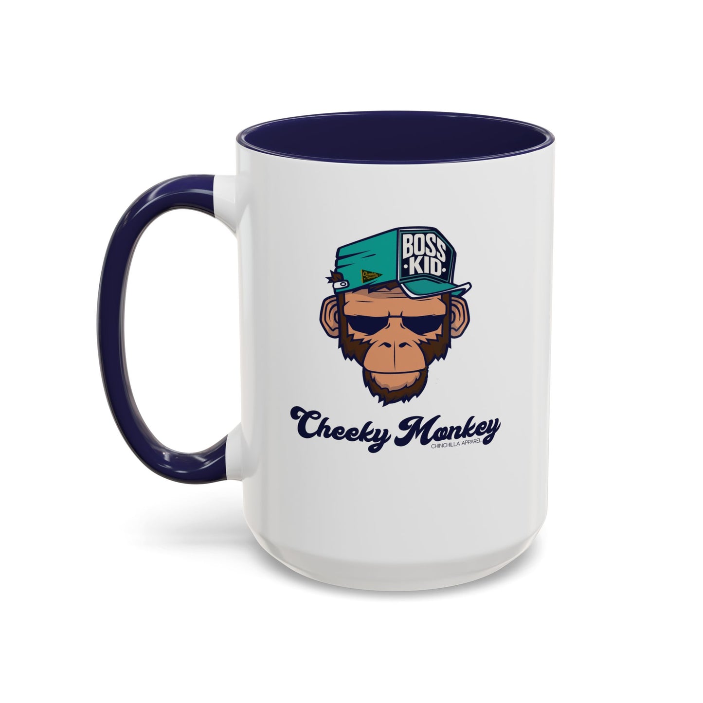 White mug with navy handle featuring a monkey graphic and text on a white background
