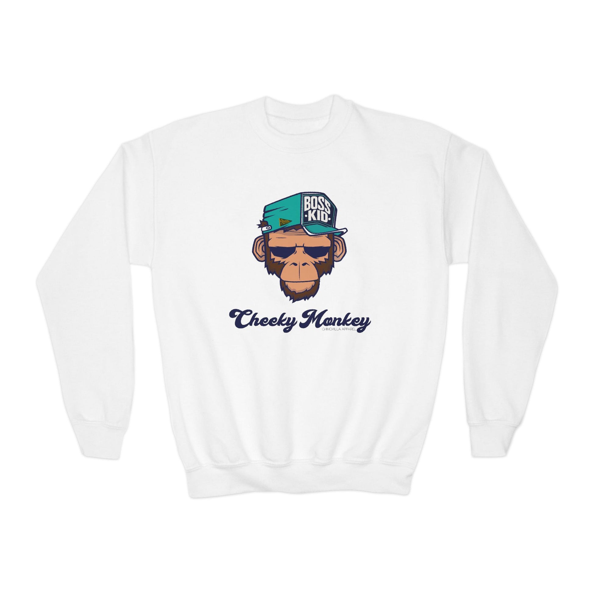 White sweatshirt with a graphic of a monkey wearing a cap and sunglasses, labeled 'Cheeky Monkey'.