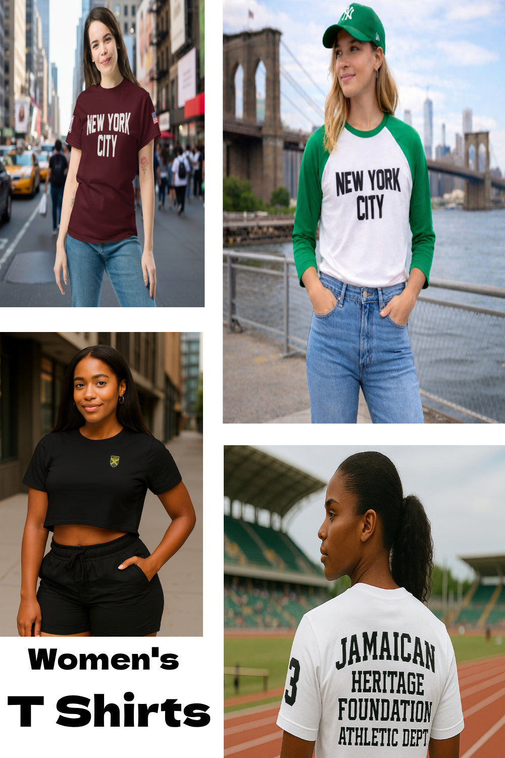 Collage of women wearing 'New York City' and 'Jamaican Heritage Foundation' t-shirts in various settings.