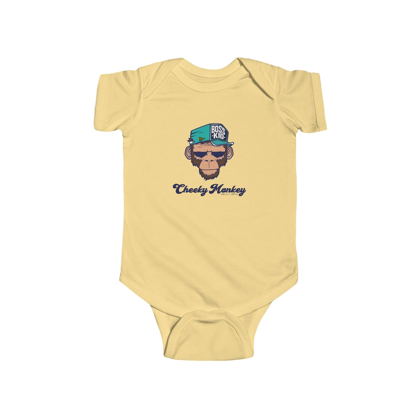 Yellow baby onesie with a monkey graphic and text on a white background
