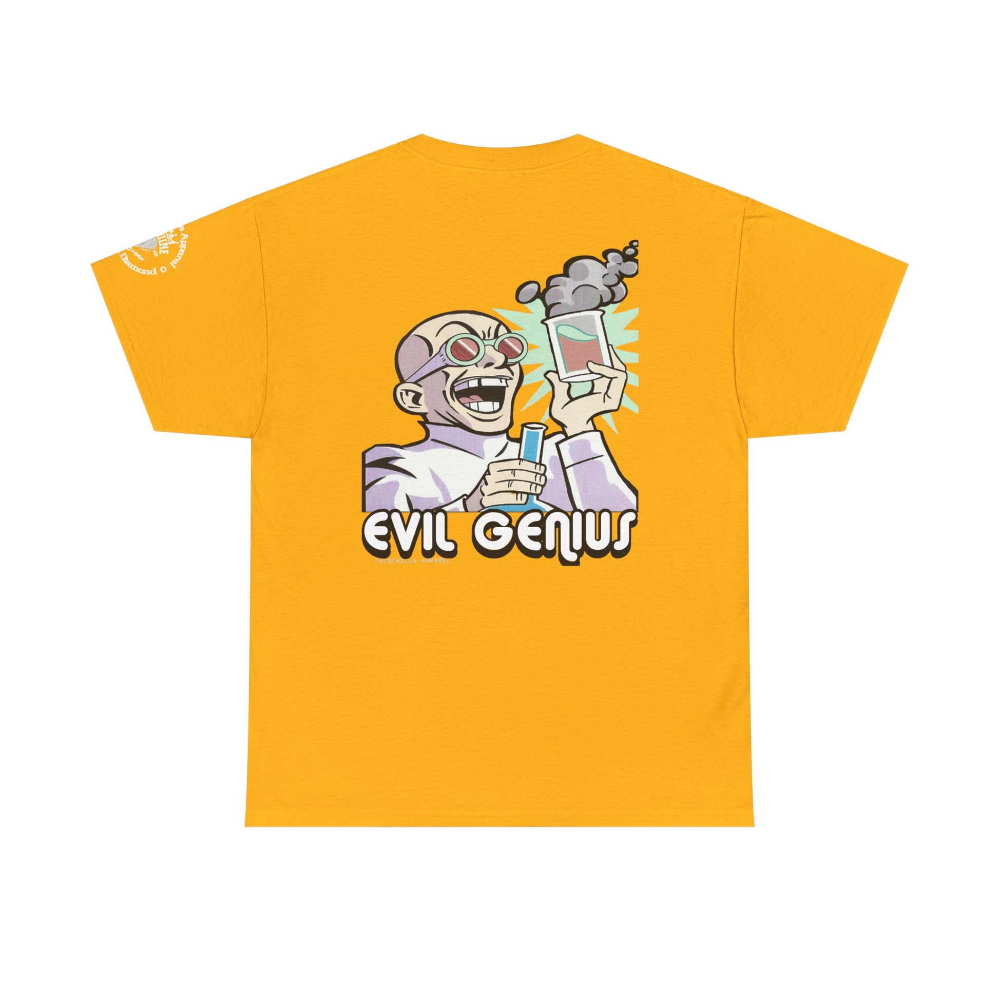 Yellow t-shirt with a graphic of a character labeled 'Evil Genius' on a white background
