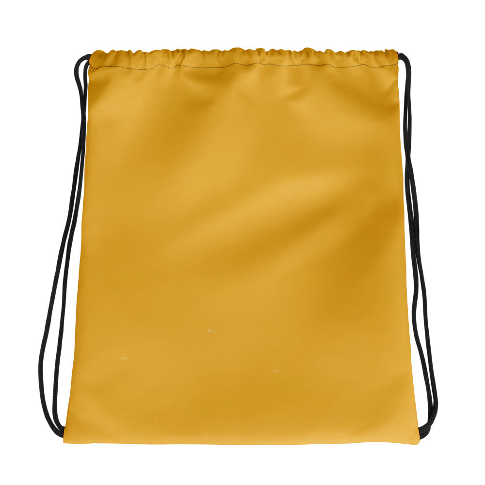 Yellow drawstring bag with black strings on a white background