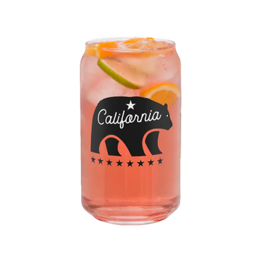 Pink drink in a glass with a California bear logo on a white background