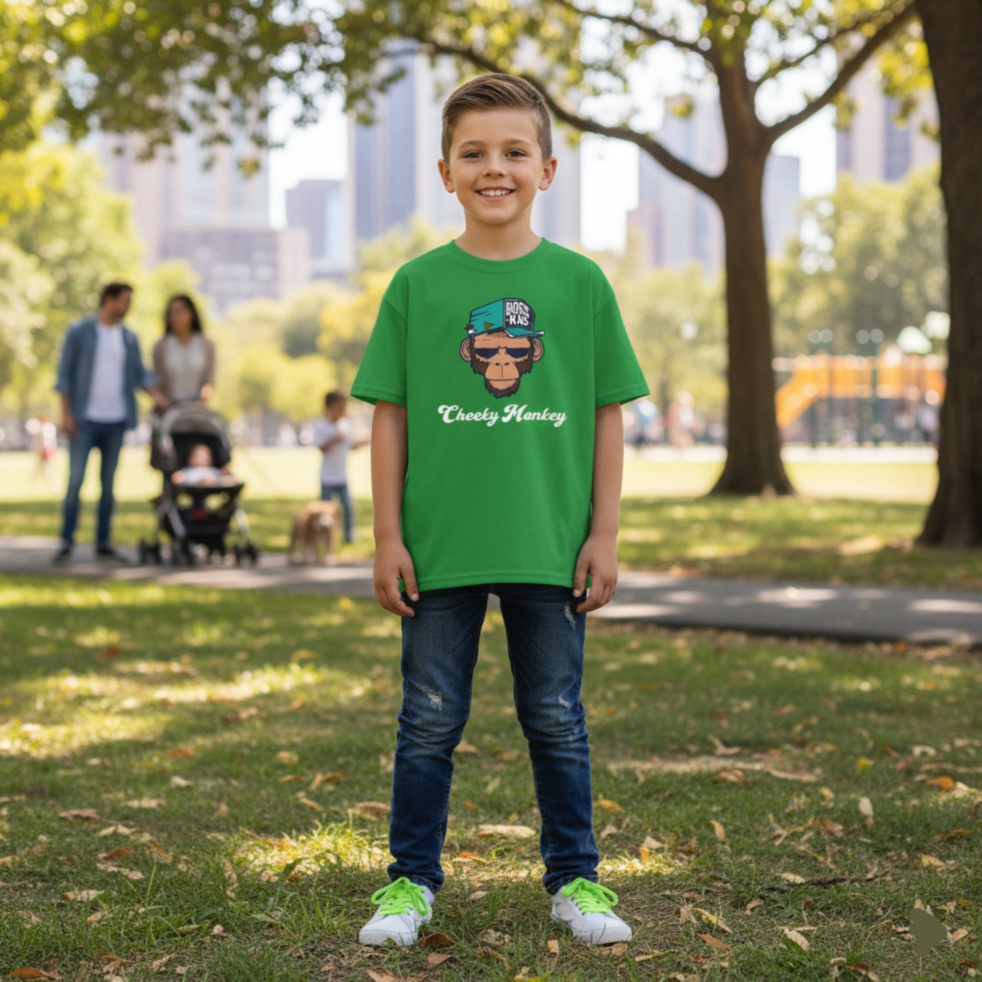Child wearing a green t-shirt with a graphic design in a park setting