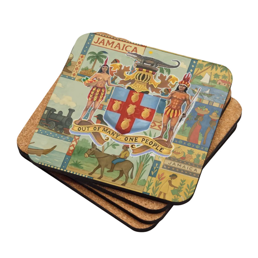 Coaster with Jamaican coat of arms design on a white background