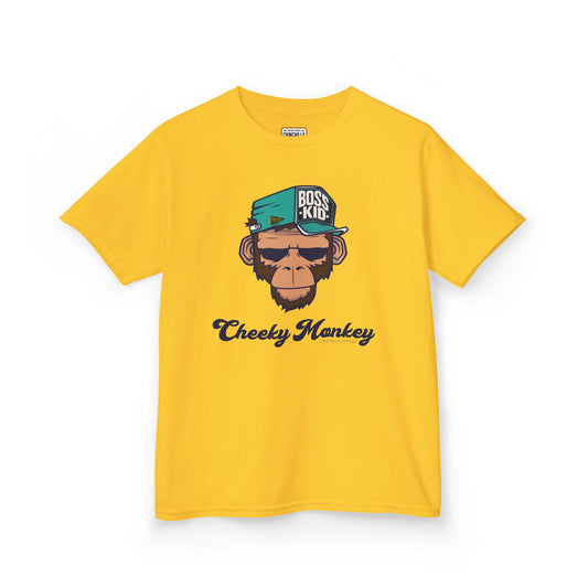 Yellow t-shirt with a monkey graphic and 'Cheeky Monkey' text on a white background