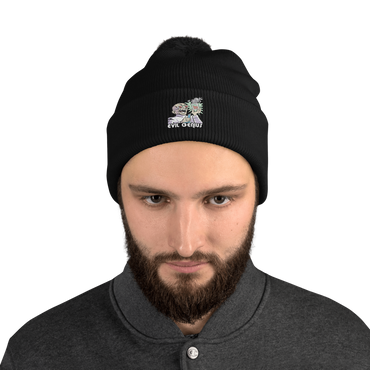 Person wearing a black beanie with a logo on a white background