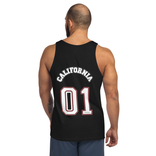 Person wearing a black tank top with 'California 01' text on the back against a white background