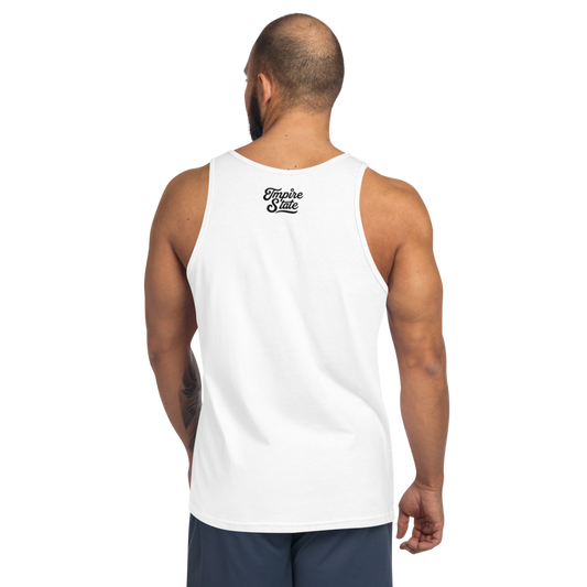 Man wearing a white tank top with 'Empire State' logo on the back, standing against a white background.