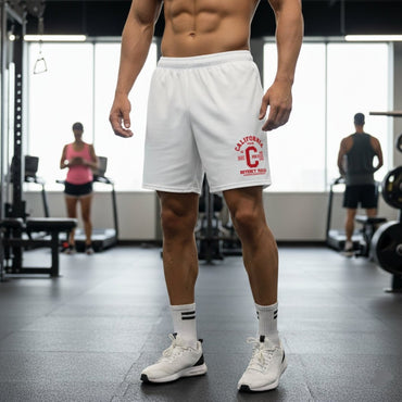 California Print Unisex Athletic Long Shorts (White & Red) - Chinchilla Choons